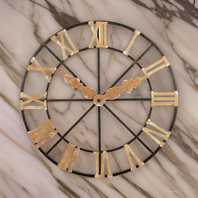 46 Inch Faux Clock Wall Decor, Round, Vintage Style, Gold, Black Finish - Benzara