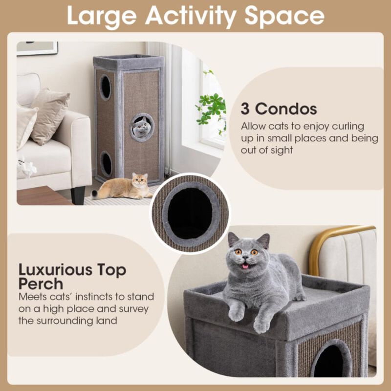 Hivvago 39 Inch Tall Cat Condo with Scratching Posts and 3 Hideaways and 4 Soft Plush Cushions