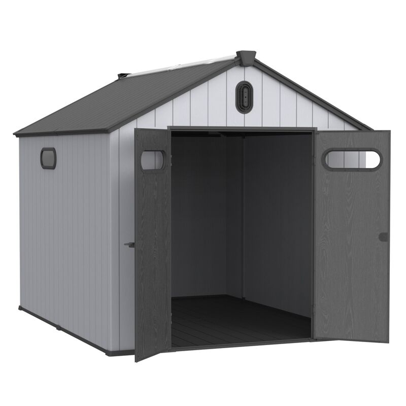 Mondawe 8x10ft Plastic Big Tool Storage,Rainproof Roof & Hinged Door,Weather-Resistant