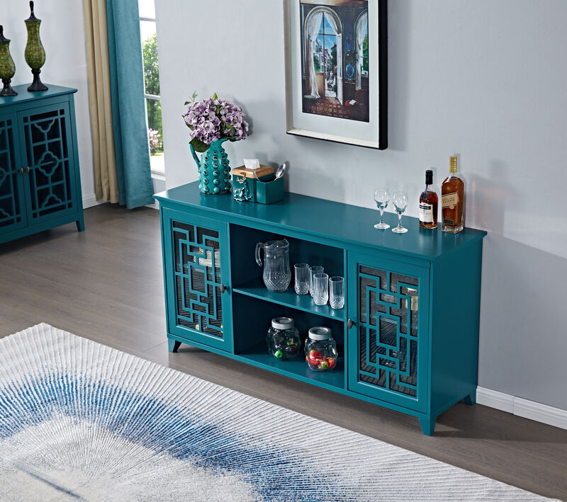 60" Sideboard Buffet Table With 2 Doors, Storage Cabinet With Adjustable Shelves, Teal