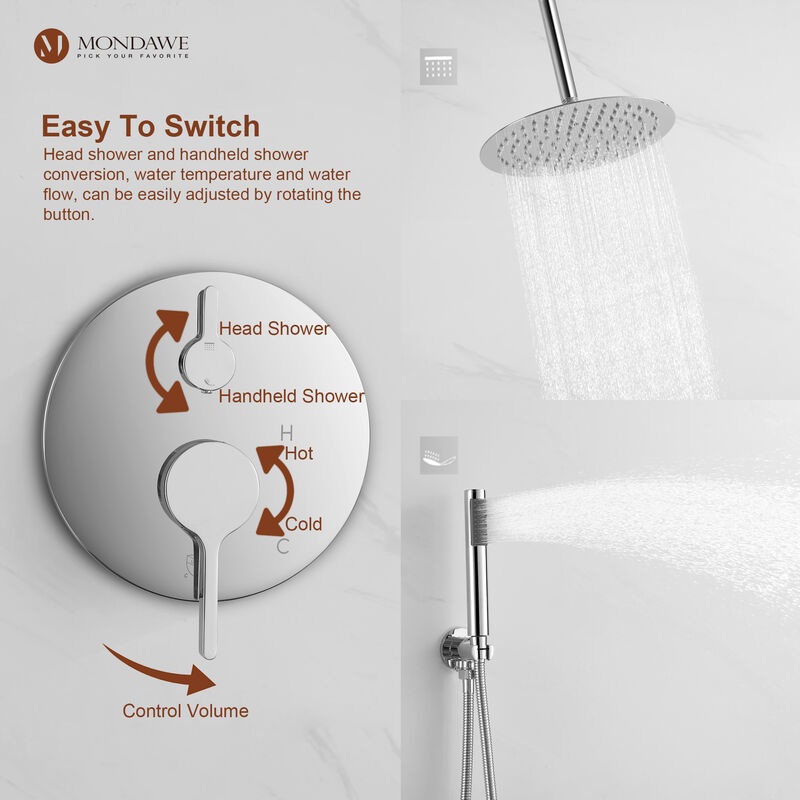 Mondawe Round 1-Spray Patterns Balance Valve Shower Faucets Set with 2.5 GPM Ceiling Mount Dual Shower Heads in Chrome