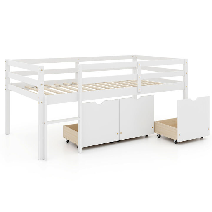 Twin Size Low Loft Bed with 3 Drawers with Ladder and Full-length Guardrails