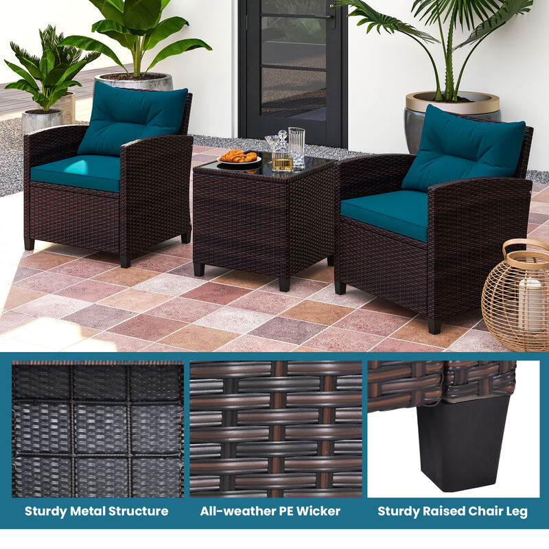 3 Pcs Patio Rattan Furniture Set Cushioned Conversation Set Coffee Table