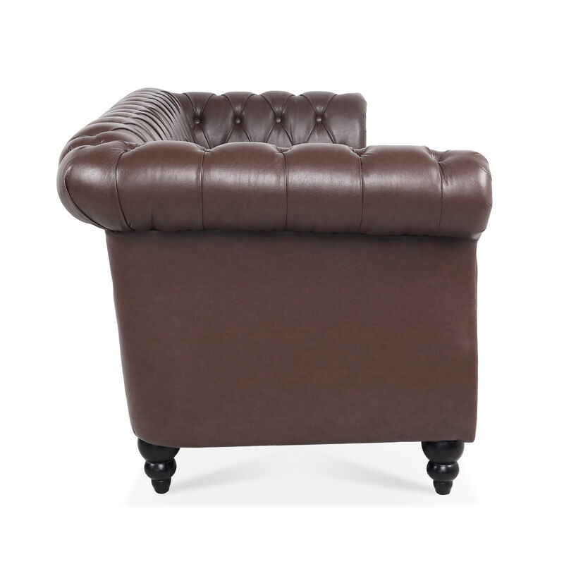 Dark Brown PU Rolled Arm Chesterfield Three Seater Sofa