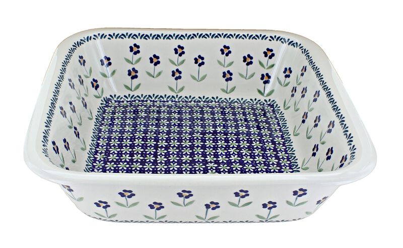 Blue Rose Polish Pottery Green Daisy Large Square Baker