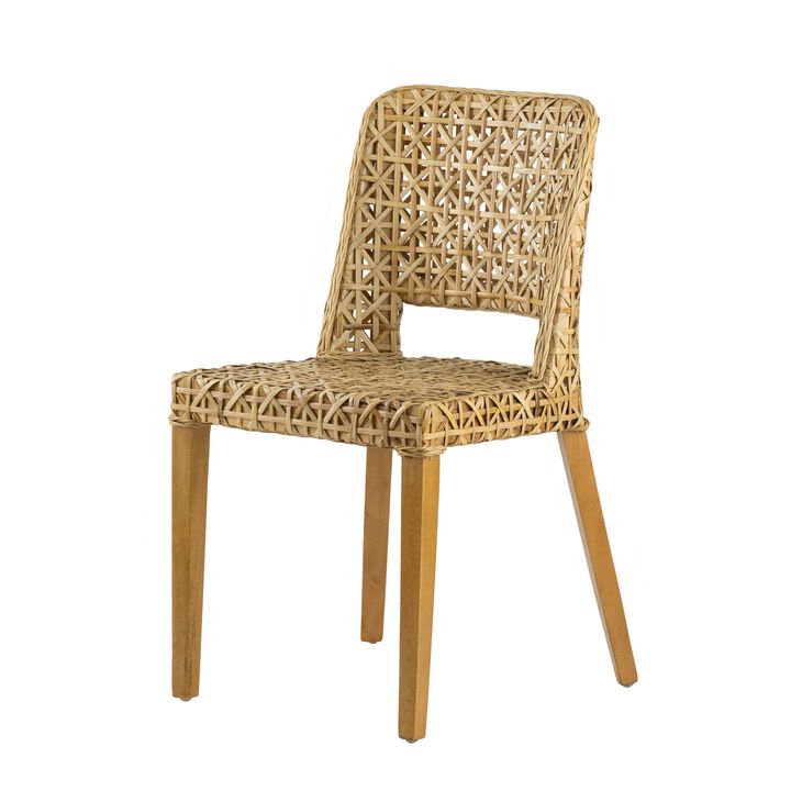 21 Inch Dining Side Chair, Woven Rattan Backrest, Wood Frame, Natural Brown-Benzara