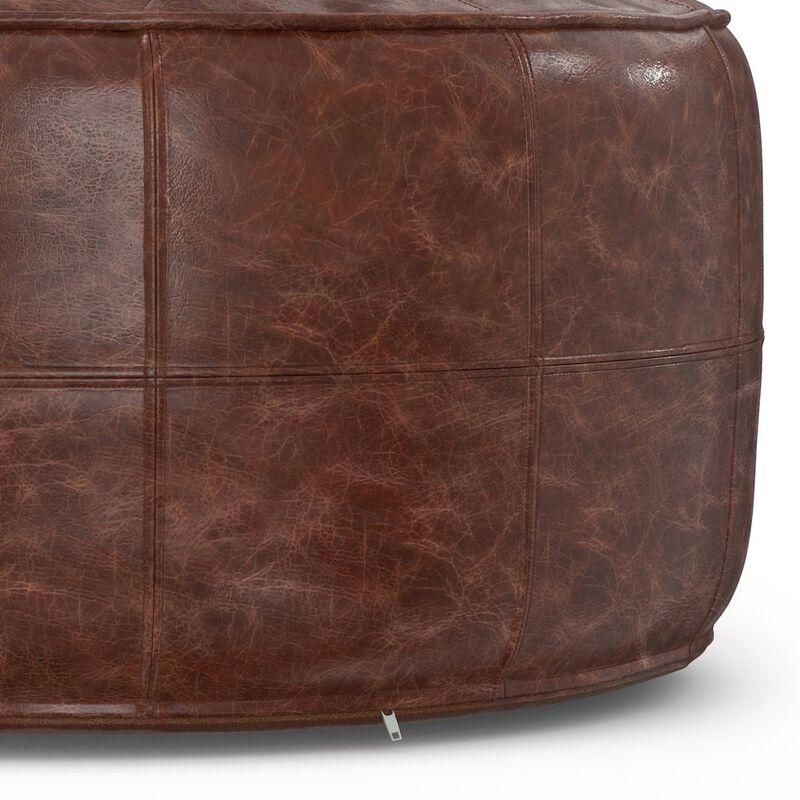 Simpli Home Connor 34 Inch Round Coffee Table Pouf In Distressed Brown Genuine Leather
