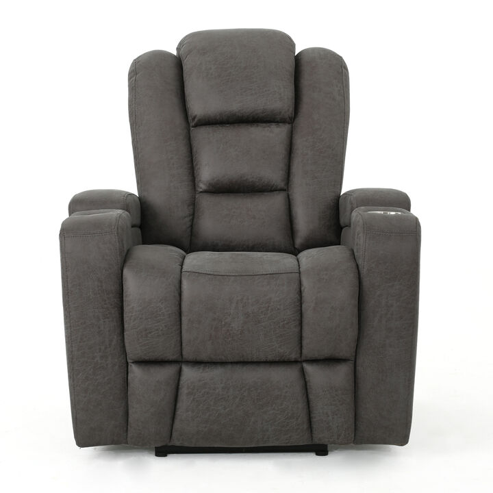 Yoma Power Recliner Chair with Storage, 2 Cupholders, USB, Gray Microfiber - Benzara