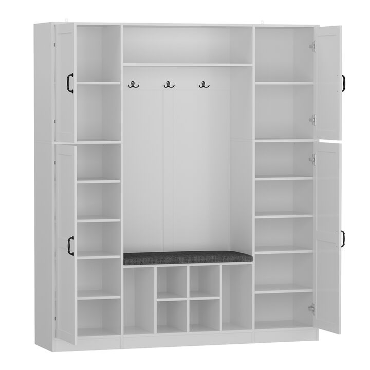 65.4 in. W Wood Hall Trees Coat Rack in White With Shoe Bench, Bag Shoe Storage Adjustable Shelves, 3-Double Hooks