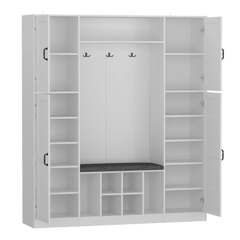 65.4 in. W Wood Hall Trees Coat Rack in White With Shoe Bench, Bag Shoe Storage Adjustable Shelves, 3-Double Hooks