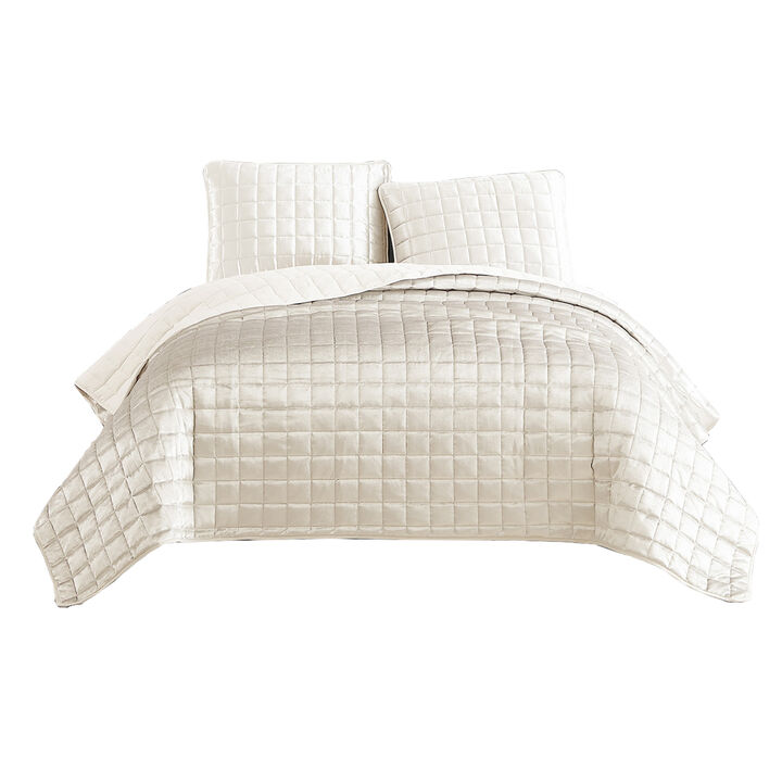 3 Piece Queen Size Coverlet Set with Stitched Square Pattern, Cream - Benzara