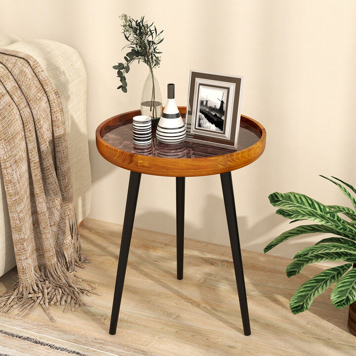 Round End Table with Sea Shell Decoration and Epoxy Resin Finish for Coastal or Beach-Themed Decor