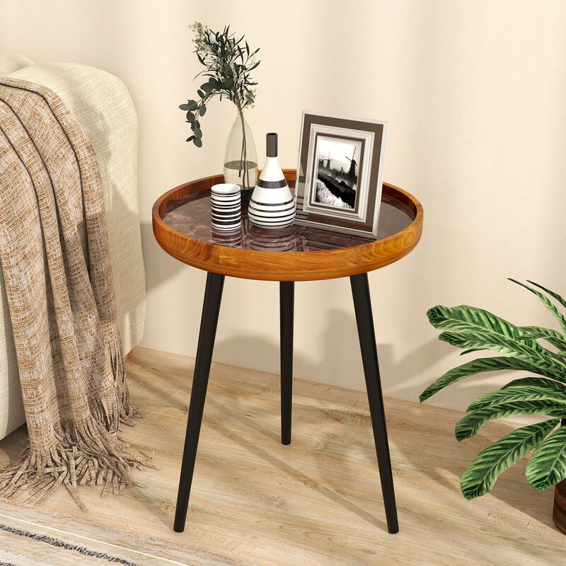 Round End Table with Sea Shell Decoration and Epoxy Resin Finish for Coastal or Beach-Themed Decor