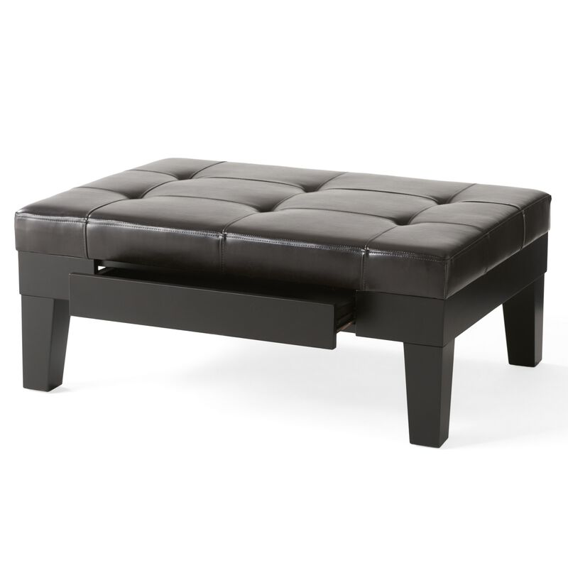 Olivia Ottoman Table, Drawer, Black Faux Leather, Coffee Brown 41 Inch - Benzara
