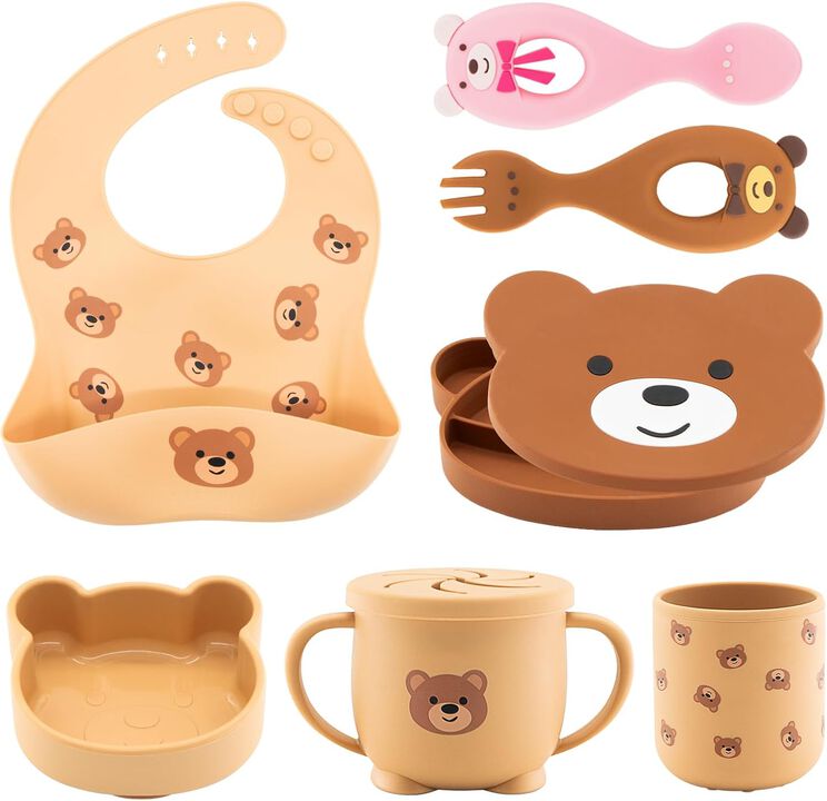 7-Piece Silicone Baby Feeding Set, Baby-Led Weaning Essentials, BPA-Free Baby Feeding Supplies, Newborn Gift Bear, Baby Essentials