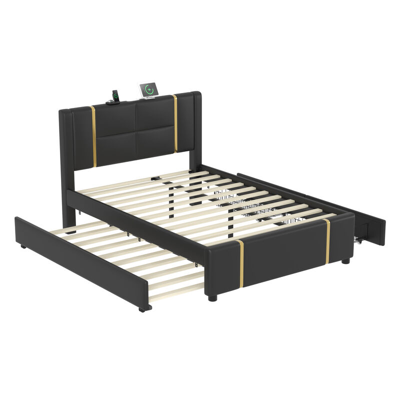 Merax PU Upholstered Platform Bed with Trundle