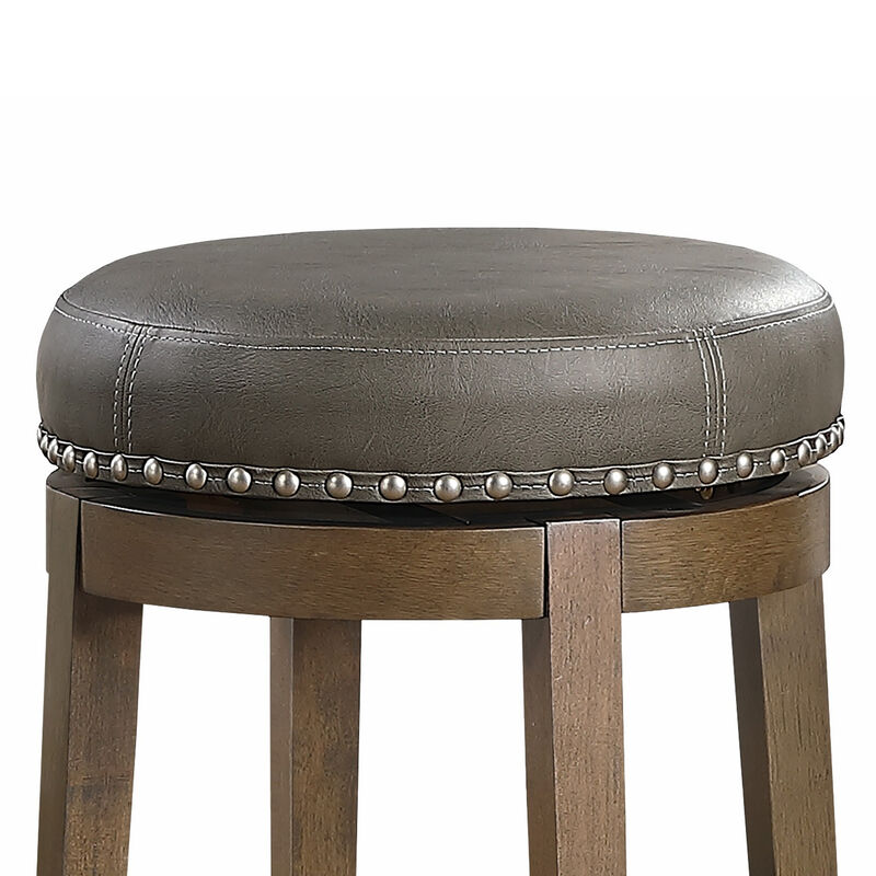 Bara 25 Inch Swivel Counter Stool Gray Round Faux Leather, Brown, Set of 2 - Benzara