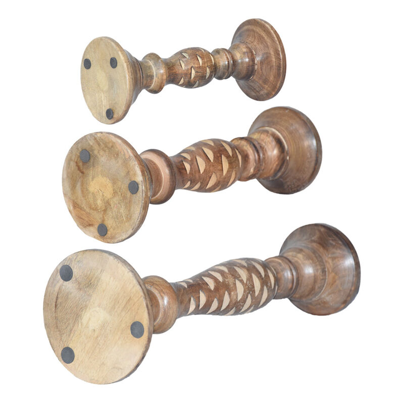 Traditional Medium Burnt Eco-friendly Handmade Mango Wood Set Of Three 9",12" & 15" Pillar Candle Holder