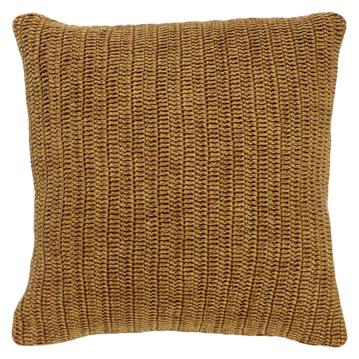 Rosie 22 Inch Square Accent Throw Pillow, Hand Knitted Designs, Brown Linen-Benzara