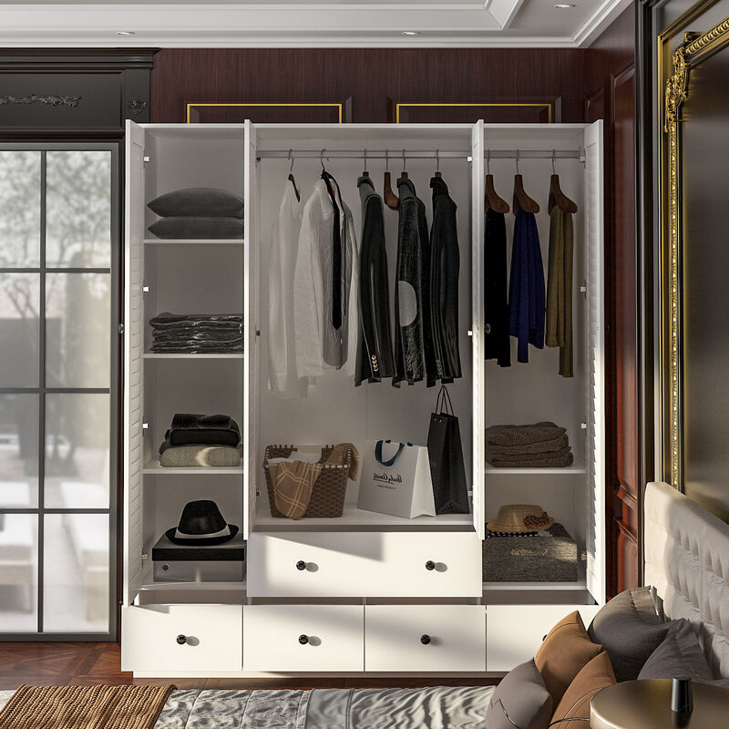 70 in. H x 19 in. D White Wood 59 in. W 4 Shutter Doors Big Armoires Wardwore with 6-Drawers, Hanging Rod