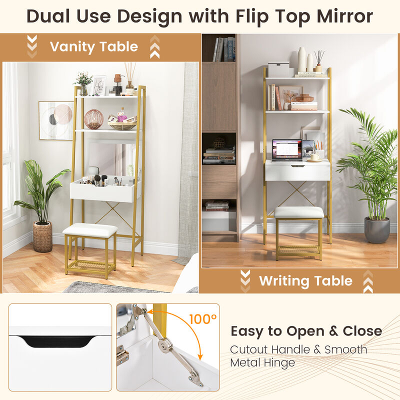 Ladder Vanity Desk Set with Flip Top Mirror and Cushioned Stool