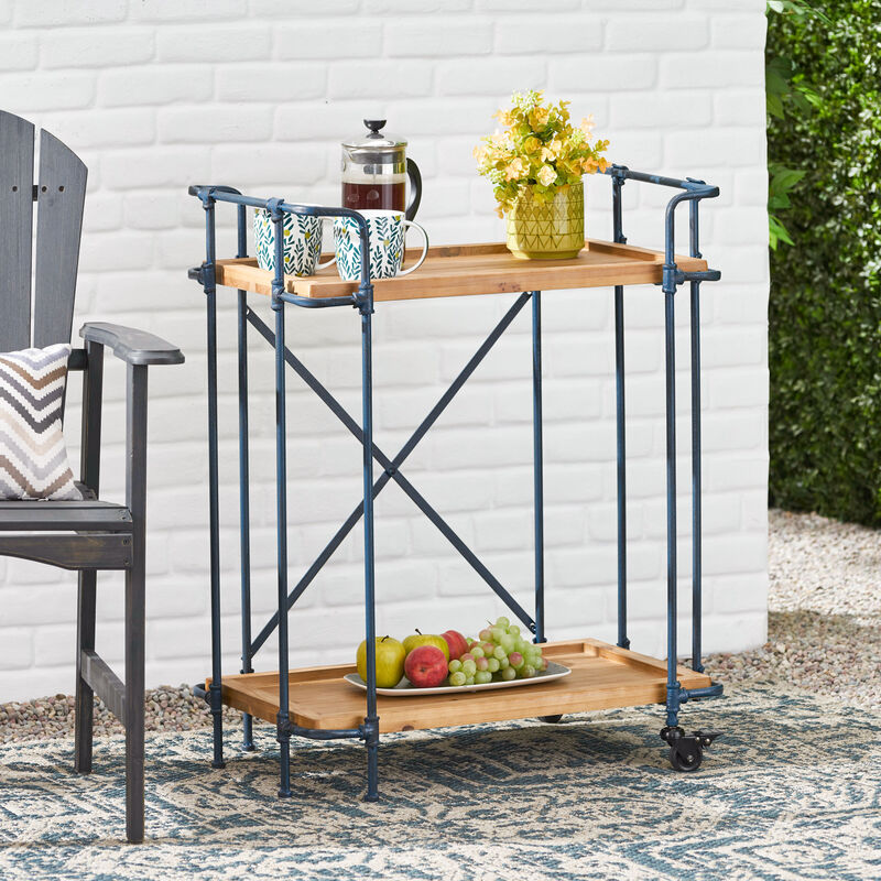 Rustic Firwood Bar Cart with Iron Frame and Rolling Wheels for Home Use