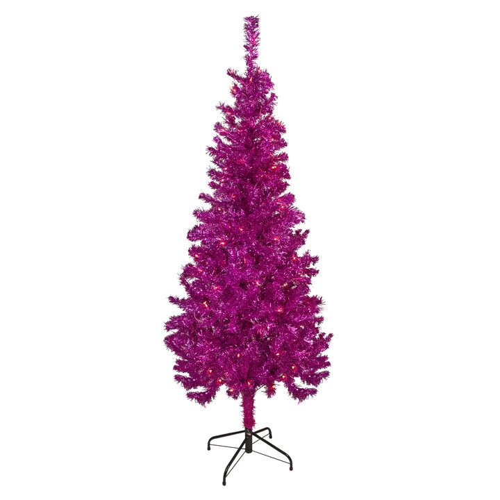6' Pre-Lit Pink Artificial Tinsel Christmas Tree  Clear Lights