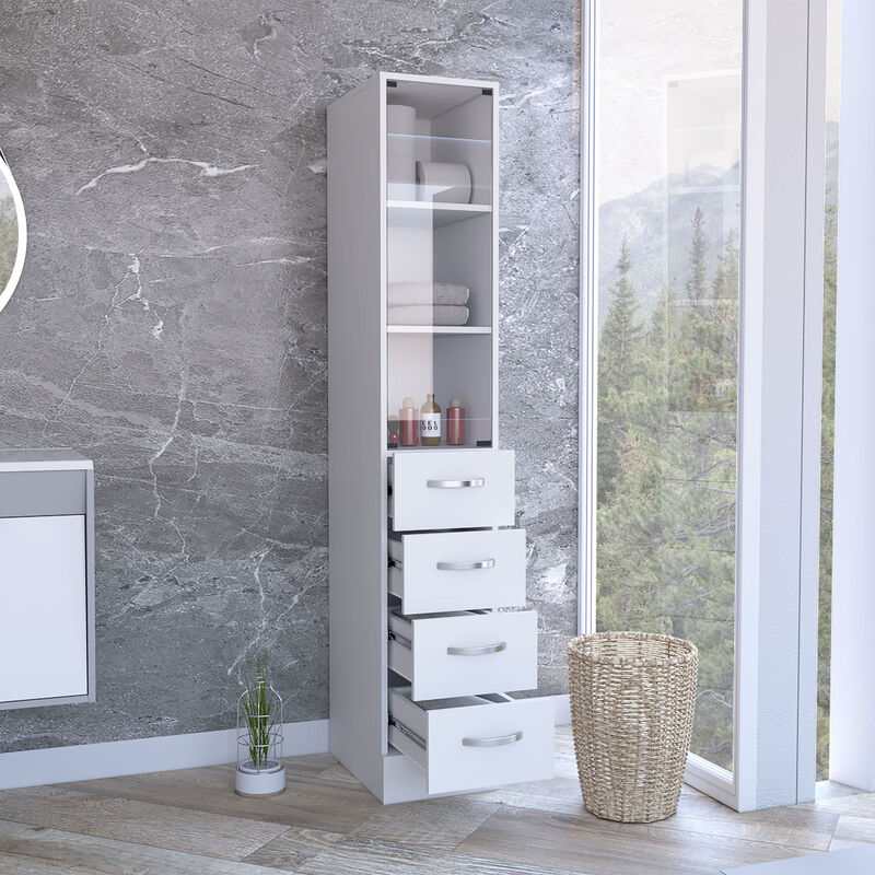 DEPOT E-SHOP Magna Linen Cabinet, Three Shelves, Four Drawers, White