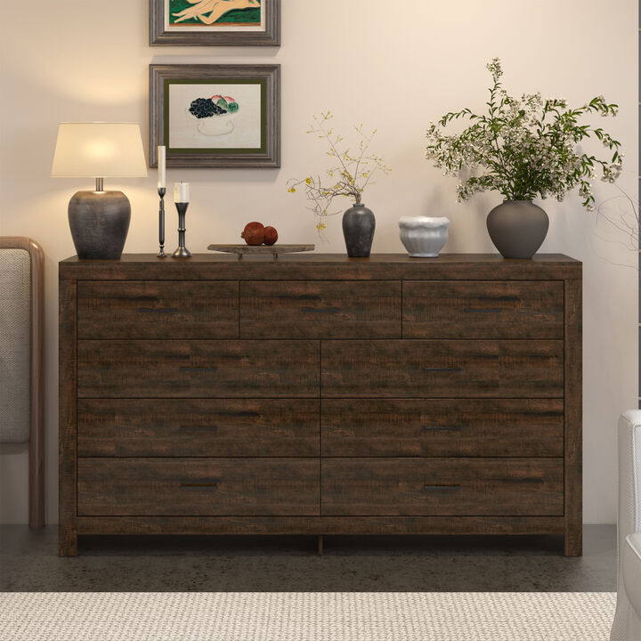 FUFU&GAGA 9-Drawer Rustic Dresser with Vintage Charm, Durable Build, (63" W x 15.7" D x 35.4" H), Brown