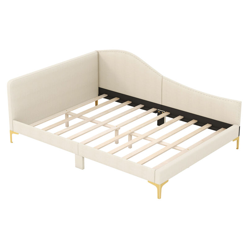 Upholstered Daybed with Metal Legs and Wood Slats for Stylish and Durable Seating or Sleeping Solution