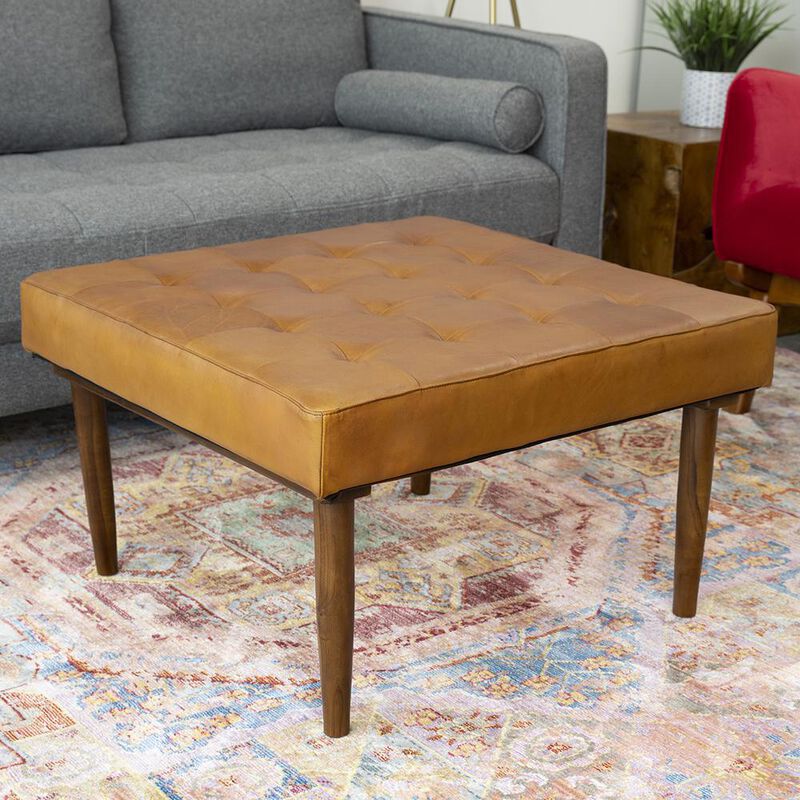 Ashcroft Furniture Co Mark Mid-Century Tufted Square Genuine Leather Upholstered Ottoman in Tan