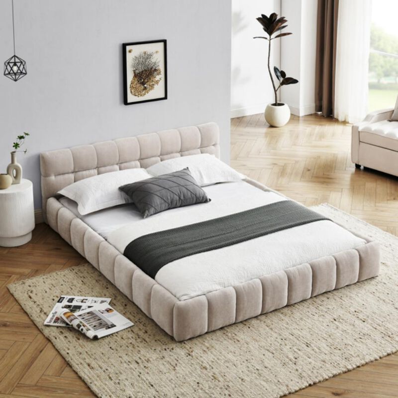 Upholstered Bed Frame with Thick Chenille Fabric and Sturdy Support
