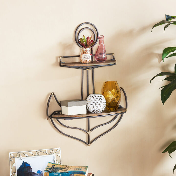 Nautical Themed Anchor Shaped 2-Tier Metal and Wood Wall Shelf