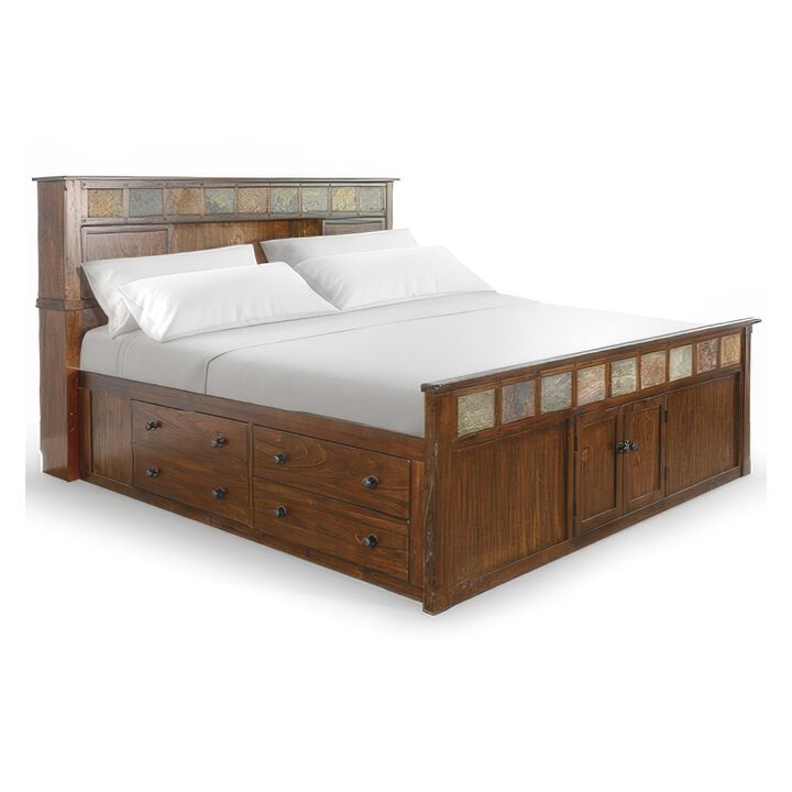 Odell King Size Bed w Storage Footboard, Bookcase Headboard, Brown - Benzara