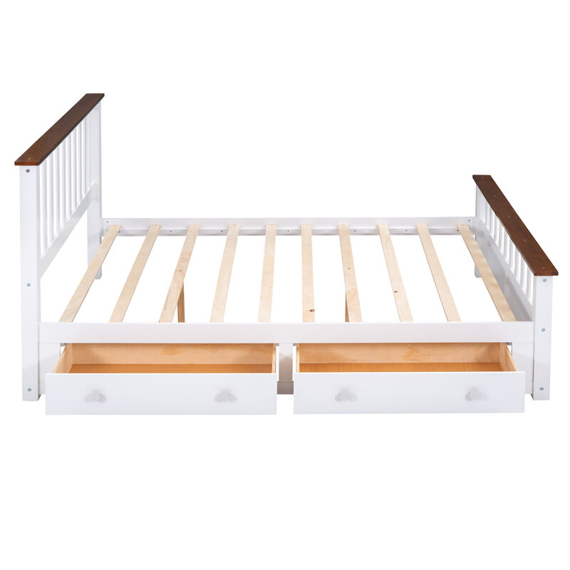 Queen Size Wood Platform Bed With Two Drawers And Wooden Slat Support