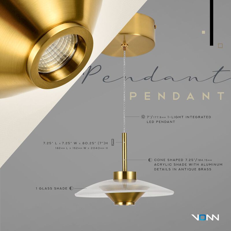 VONN Lighting 1-Light Integrated LED Height Adjustable Pendant Lighting in Antique Brass