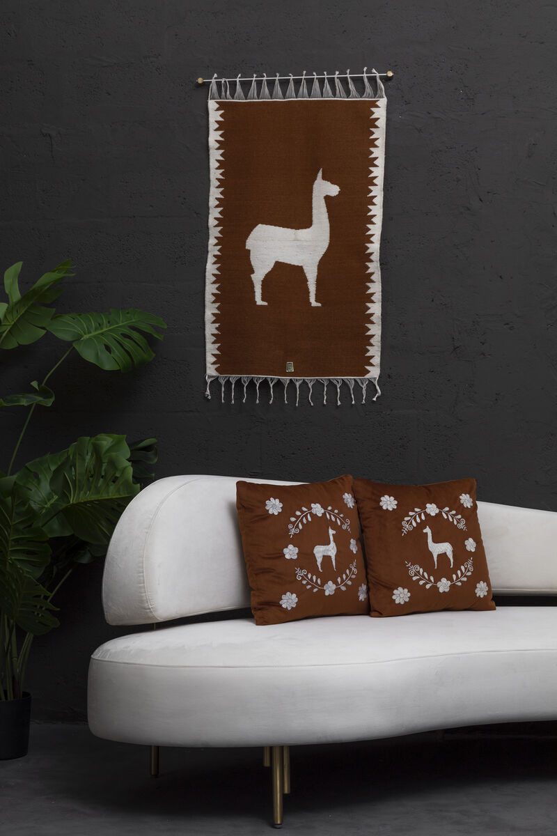 LLAMAS Sheep Wool Handwoven Tapestries, Aged Bronze Wall Mount, Terracota, Set of 2