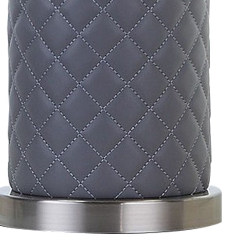 Aria 21 Inch Table Lamp, Dome Shade, Round, Gray Faux Leather, Dark Silver-Benzara