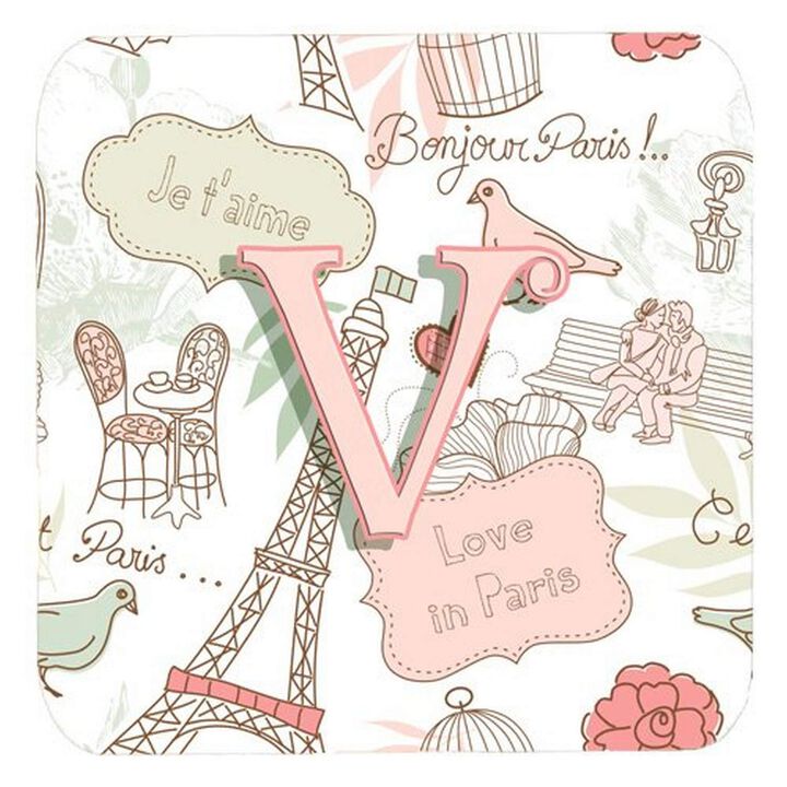 Caroline's Treasures CJ2002-VFC Letter V Love in Paris Pink Foam Coasters (Set of 4), 3.5, Multicolor