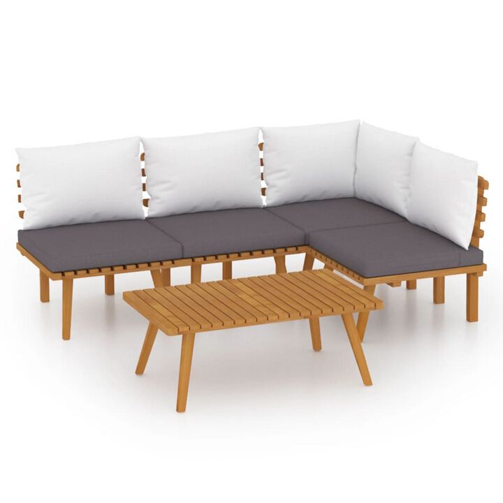 Roma 5pc Outdoor Modular Sofa Set, Table, White Cushions, Acacia Wood - Benzara