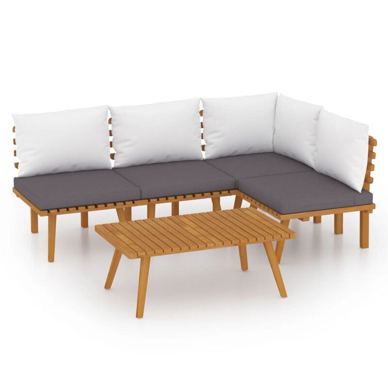 Roma 5pc Outdoor Modular Sofa Set, Table, White Cushions, Acacia Wood - Benzara