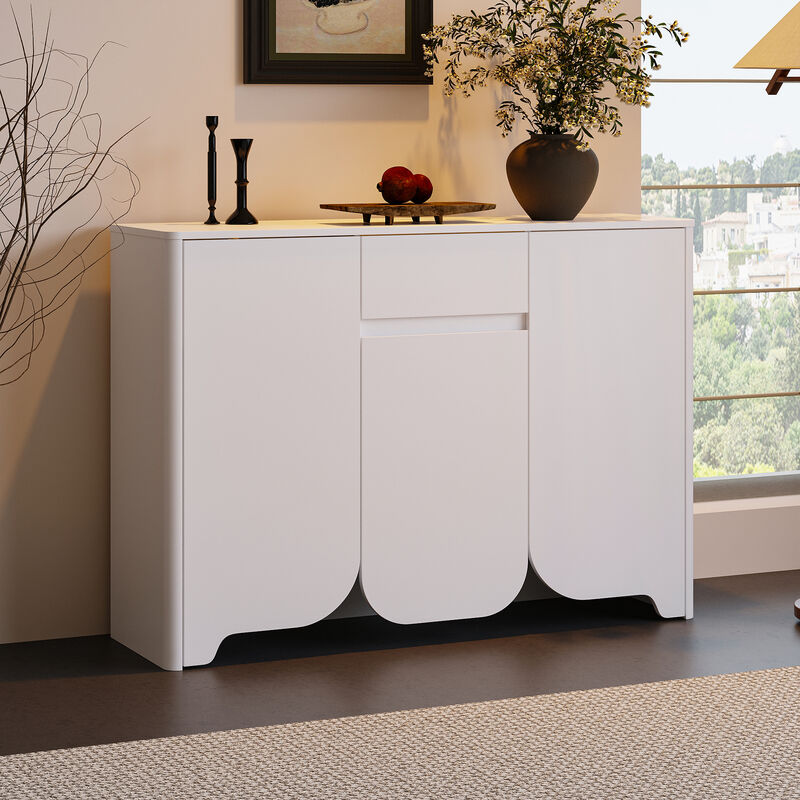 FUFU&GAGA Modern White Cabinet – 3 Doors, 1 Drawer, Arched Design, MDF Living Room Storage Cabinet (47.2" W x 13.7" D x 33.5" H), White