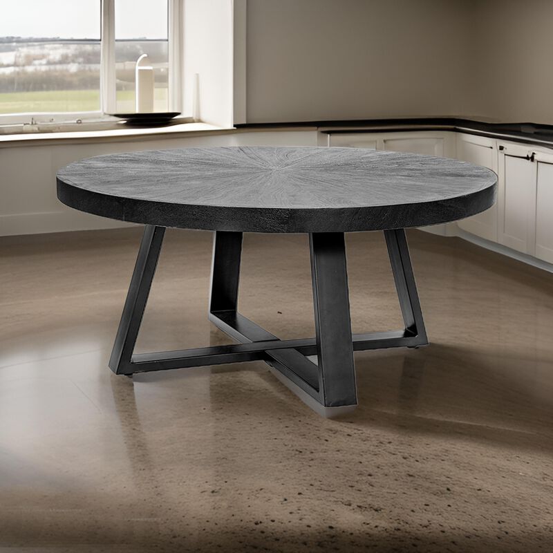Benjara Raj 39 Inch Round Coffee Table, Cross Legs Design, Black Acacia Wood, Iron