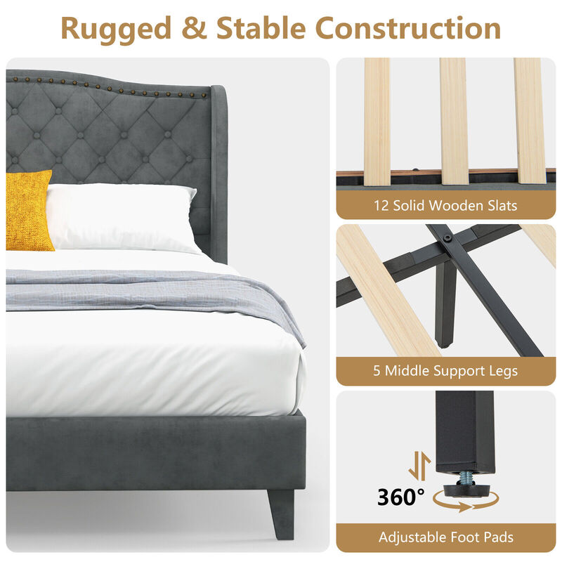 Upholstered Platform Bed Frame with Button Tufted Headboard