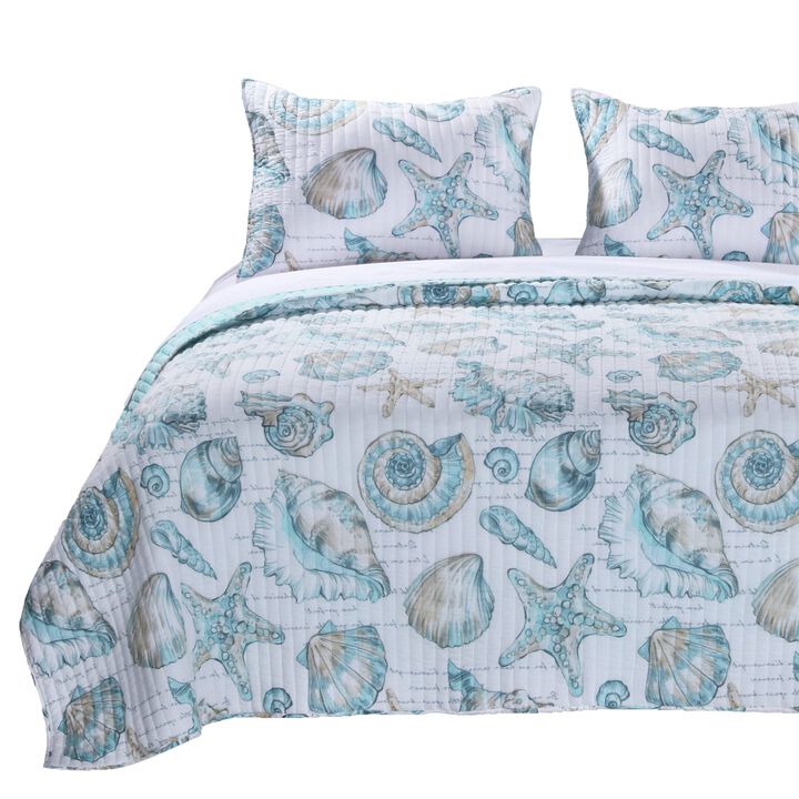 Hivvago Twin Coastal Seashells White Teal 2 Piece Polyester Reversible Quilt Set
