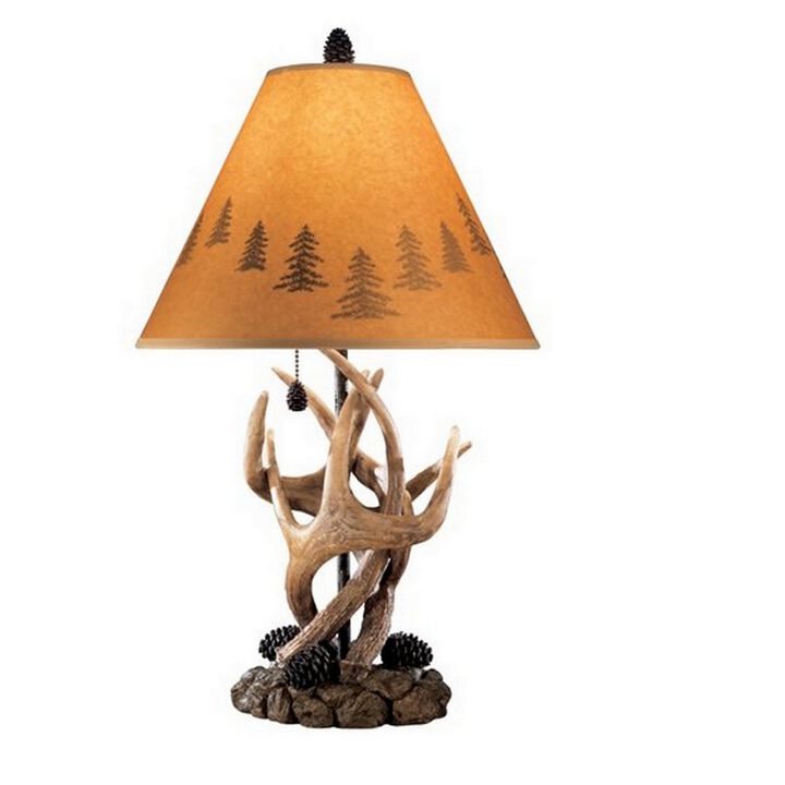 Resin Body Table Lamp with Antler and Pinecone Design, Set of 2, Brown-Benzara