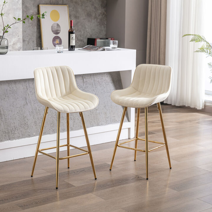 Set Of 2 Bar Stools, With Chrome Footrest Velvet Fabric Counter Stool Golden Leg Simple Bar