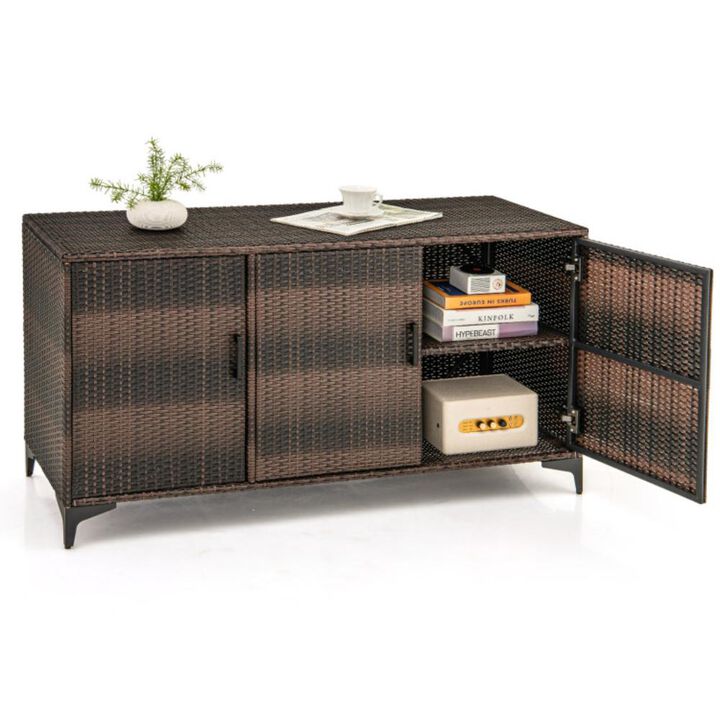 Hivvago 84 Gallon Patio Wicker Deck Box 3-Door PE Rattan Storage Container with Removable Shelves