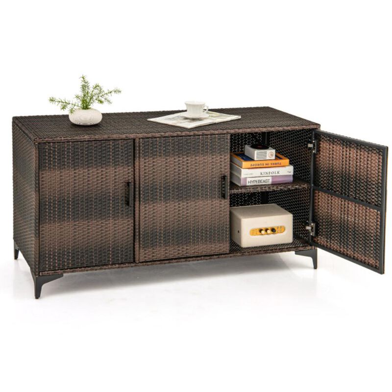 Hivvago 84 Gallon Patio Wicker Deck Box 3-Door PE Rattan Storage Container with Removable Shelves