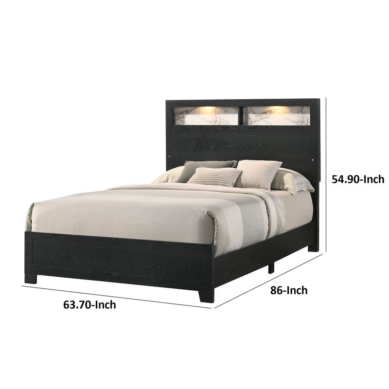 Yoh Queen Size Bed, Wood, Headboard with Lights and Shelves, Black - Benzara
